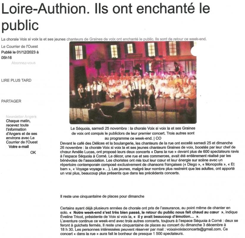 Article Courrier de l'Ouest 01-12-2023